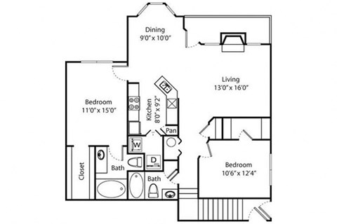 Floor plan for 2 beds, 2 baths, 1142 sqft